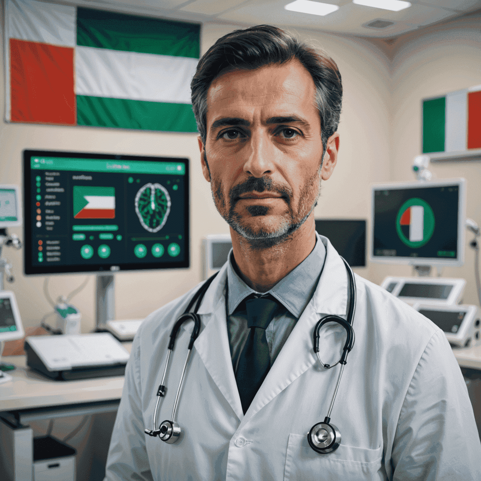 Un'immagine che mostra un medico italiano che utilizza un'interfaccia AI avanzata in un ospedale moderno, con il tricolore italiano sullo sfondo.