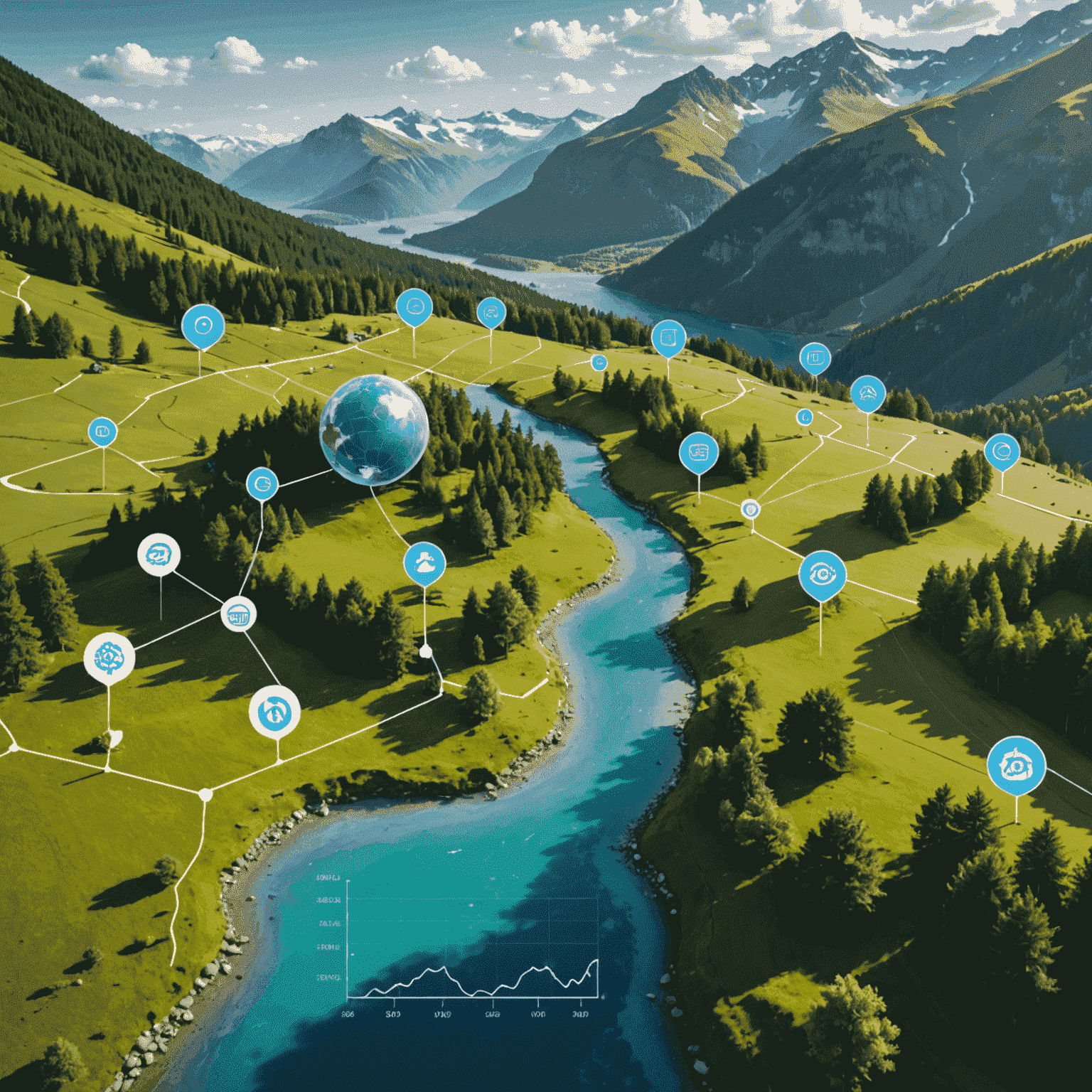 Un'immagine che mostra grafici di dati climatici sovrapposti a un paesaggio naturale, con icone di AI che analizzano i dati.